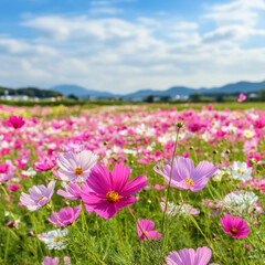 Fototapeta premium vibrant field of blooming cosmos flowers stretches bright blue sky, creating picturesque and serene landscape. colorful blossoms sway gently breeze, adding touch of natural beauty to scene
