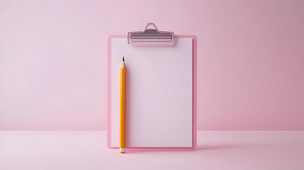 Pink Clipboard With Blank White Paper And Yellow Pencil On Soft Pink Background For Business Planning and Workplace Concepts
