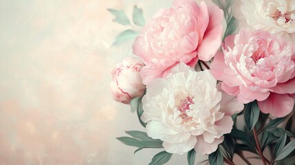 Beautiful vintage floral background with white and pink peonies, detailed, hyper-realistic