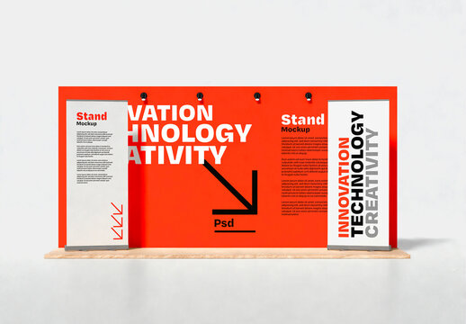 Front View of Exhibition Stand Mockup with Roll up Banner