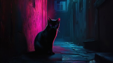 Mysterious Black Cat in Narrow Alley with Neon Glow Effects