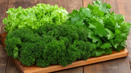 Fototapeta premium Fresh green lettuce and herbs arranged on a wooden cutting board