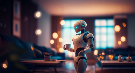 A white robot holds a cup in a cozy living room with bokeh lights. The scene suggests a future where technology integrates seamlessly into home life.