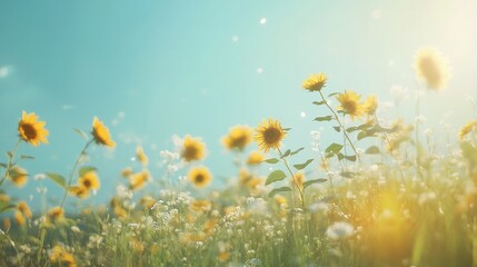 A field of blooming sunflowers swaying gently in the wind under a clear blue sky, styled vibrantly with soft sunlight