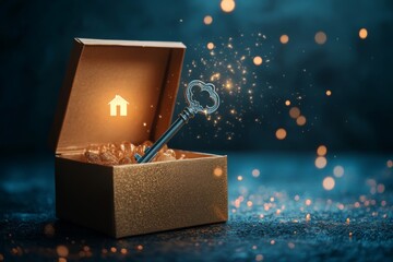 Magical House Key in Glittering Gift Box New Home Real Estate Concept