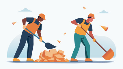 Two workers use heavyduty brooms and dustpans to sweep up small pieces of rubble and discarded materials.. Vector illustration