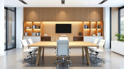 Chic Modern Office Interior with Sleek Desk and Chair | Ample Copy Space | 3D Rendering