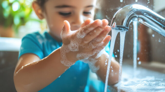 child in blue shirt is washing hands with soap under running water to remove germs and viruses, promoting hygiene and cleanliness