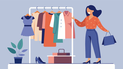 A minimalist thrift store fashion blogger documenting her mission to find the perfect capsule wardrobe pieces carefully selecting timeless pieces from. Vector illustration