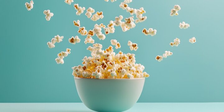 Flying bowl of popcorn with butter, floating on a pastel mint background