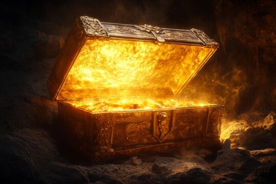 Glowing Treasure Chest Filled with Gold in Dark Cave Setting