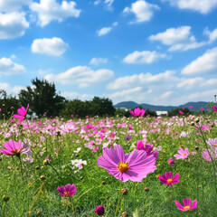 Obraz premium vibrant field of blooming pink cosmos flowers under bright blue sky with fluffy clouds creates serene and picturesque landscape
