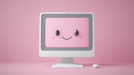 Cute Smiling Computer Screen with Pink Background and Accessories