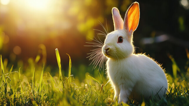 white rabbit with long ears stands on grassy field, illuminated by warm sunlight, creating serene and peaceful atmosphere - Powered by Adobe