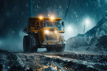 Pit mine industry, big yellow mining truck for coal anthracite in rainy mine background. Neural network ai generated
