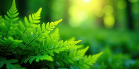 Foliage of ferns with delicate fronds spread out, light streaming through, nature, leafy greens, ferns