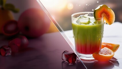 healthy juice background with fruits, health advertising, healthy juice