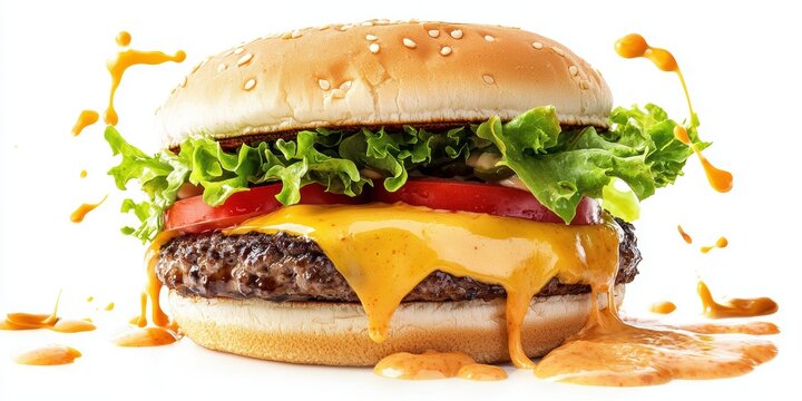 Flying cheeseburger with lettuce, tomato, and melted cheese splashing sauce isolated on white background