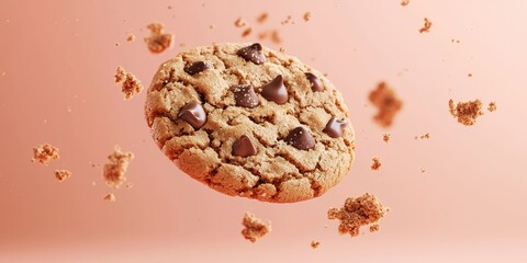 Flying chocolate chip cookie, with crumbs floating around it, against a pastel coral background