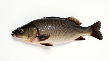 Crucian carp fish placed on a white background, ready for cooking or food preparation