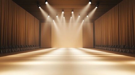 Empty fashion show runway with a minimalist beige backdrop and bright lights illuminating the space, awaiting the arrival of models and designers
