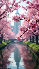 Naklejka premium Pink cherry blossoms blooming on Roosevelt Island in spring , Roosevelt Island, petal