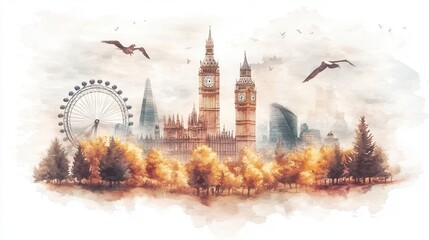 Obraz premium watercolor depicting the iconic landmarks of London including Big Ben Westminster Abbey and the Thames River during an autumn day with a foggy and atmospheric setting