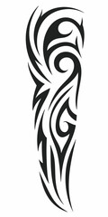 Intricate Tribal Tattoo Design with Flowing Swirls and Sharp Edges in Black Ink Style.