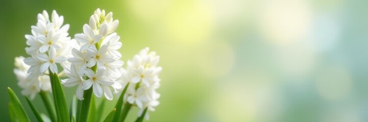 Pure white hyacinth flowers against a bright spring backdrop , serene, renewal, floral