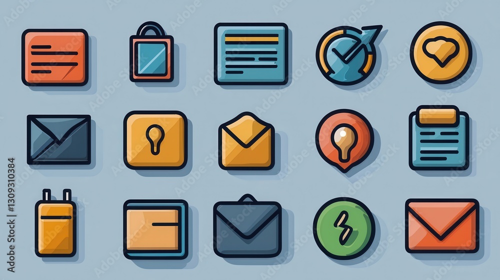 Poster outline icon set of 15 unique symbols representing various digital interface elements such as commun
