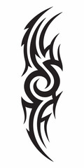 Intricate Tribal Tattoo Design with Flowing Swirls and Sharp Edges in Black Ink Style.