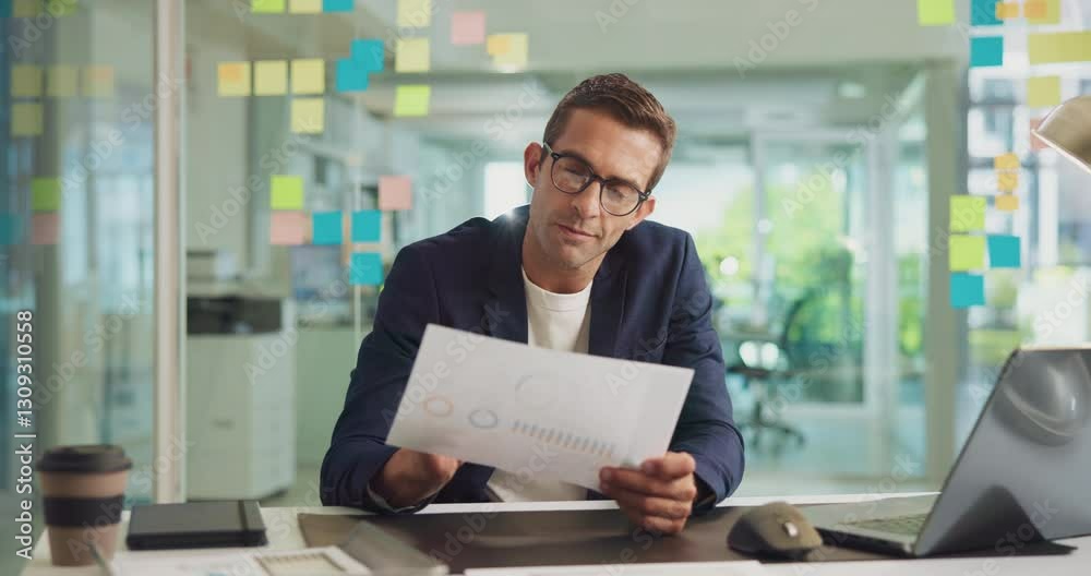 Aufkleber documents, review and writing with business man at desk in office for approval or proposal. paper, p