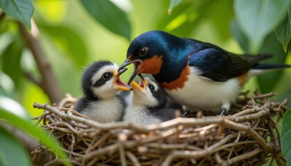 Obraz premium Parent bird feeds its two chicks in a nest, surrounded by lush green leaves. Nurturing and care in nature, making it ideal for educational materials, wildlife documentaries, and nature-themed content.