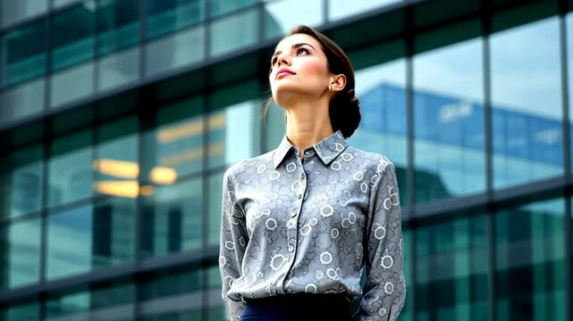 Low angle shot of confident woman with brown hair looking up outdoors in daylight