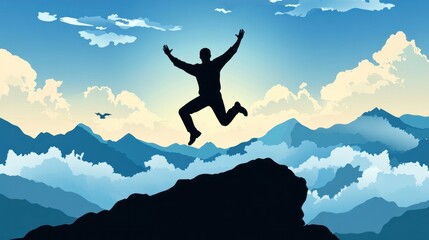 Man joyfully leaps from mountaintop, scenic vista