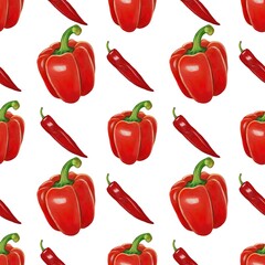 A seamless pattern featuring red bell peppers and red chili peppers on a white background. The design showcases the vibrant colors and shapes of the peppers, creating a fresh and lively look.