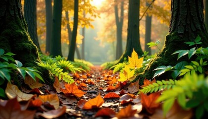 Fototapeta premium Forest floor carpeted with fallen autumn leaves and ferns, fall, autumn leaves, rustic