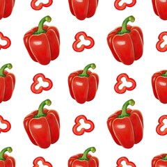 A seamless pattern featuring red bell peppers and sliced red pepper shapes on a white background.