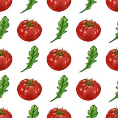 A seamless pattern featuring red tomatoes and green leaves on a white background. The tomatoes are round and plump, with green stems, while the leaves are elongated and vibrant.