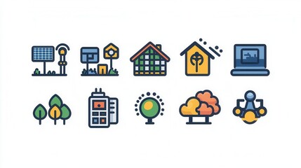 Obraz premium Comprehensive collection of outline icons representing various renewable energy sources and sustainable technology solutions including solar panels wind turbines smart homes