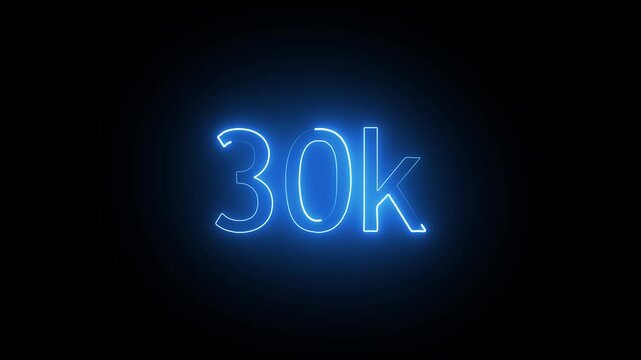glowing neon 30K text animation on black background. 30k Followers Celebration text animation.