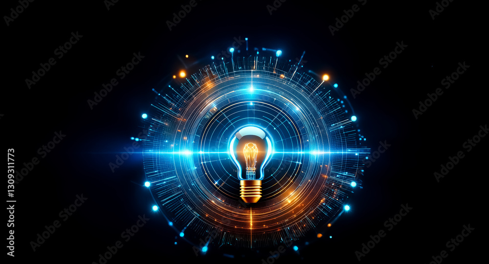 Leinwandbilder bright light bulb illuminates a digital network, symbolizing innovation and connectivity. glowing en