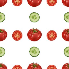 A seamless pattern featuring red tomatoes and green cucumber slices on a white background. The design is vibrant and fresh, ideal for food-related themes.