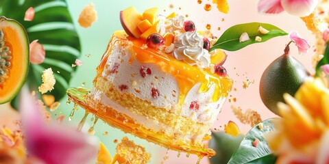 Flying exotic fruit cake with mango, passion fruit, and guava syrup on a vibrant tropical-themed background