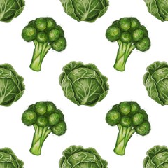 A seamless pattern featuring illustrations of broccoli and cabbage on a white background. The design showcases vibrant green vegetables, ideal for food-related themes.