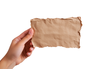 Mano sujetando una hoja de papel en blanco sobre fondo transparente