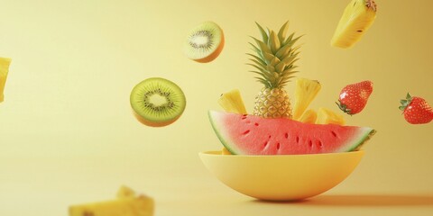 Flying fresh fruit bowl with watermelon, kiwi, and pineapple, on a soft pastel yellow background