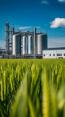 A photograph of an industrial plant with silver tanks surrounded by green fields
