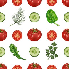 A seamless pattern featuring various vegetables including whole tomatoes, sliced tomatoes, cucumber slices, spinach leaves, dill, arugula, and cilantro on a white background.