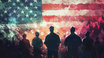 American Workers Silhouettes Against Abstract Flag Patriotism, Labor Day, Unity